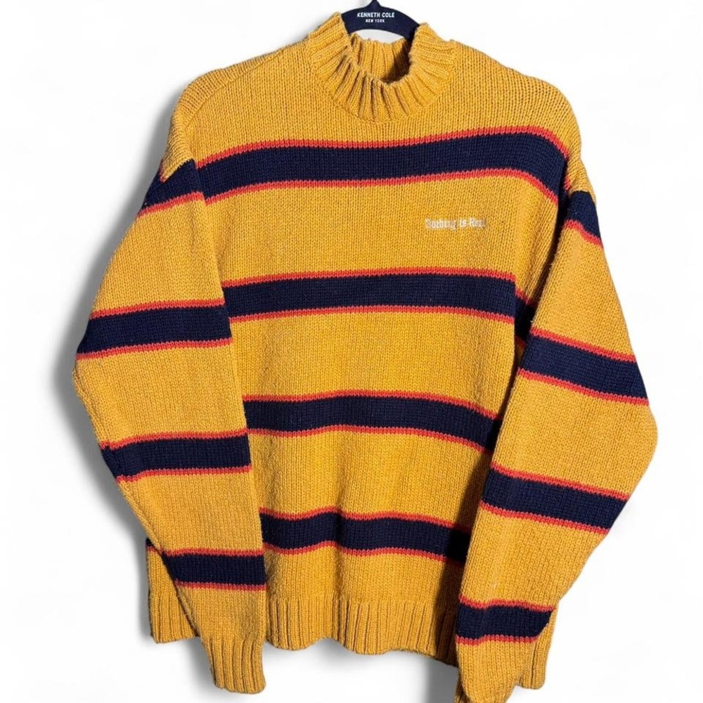 Pacsun size M yellow and navy stripped sweater with NOTHING IS REAL embroidered